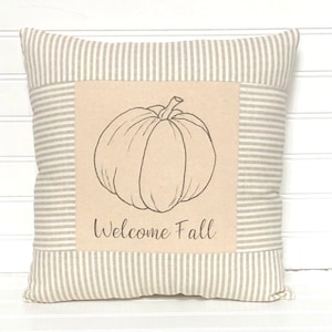 Fall Farmhouse pillow, Farmhouse pumpkin pillow, welcome fall pillow, pumpkin pillow, striped Fall pillow, Autumn pillow, Quilted Fall