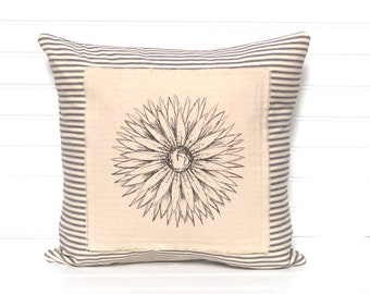 Farmhouse pillow, Spring Pillow, striped pillow cover, flower pillow, Dahlia pillow cover, navy ticking pillow, spring throw pillow