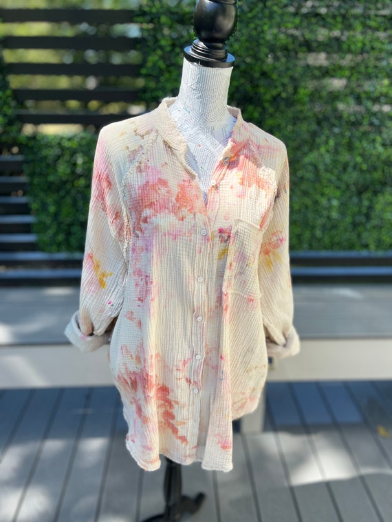 Ice Dyed/boyfriend Gauze Cotton Button Down Shirt/m/l/xl Etsy