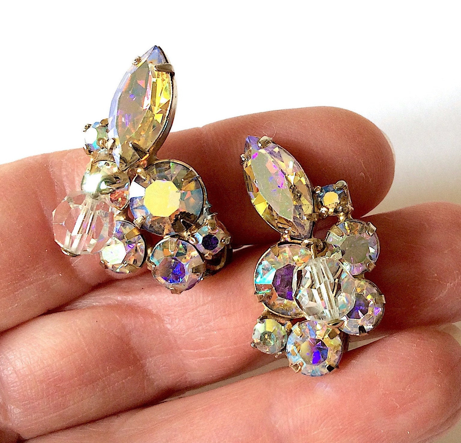 Vintage Earrings by KRAMER. Aurora Borealis Rhinestones Gold Vintage Earrings by KRAMER. Aurora Borealis Rhinestones Gold