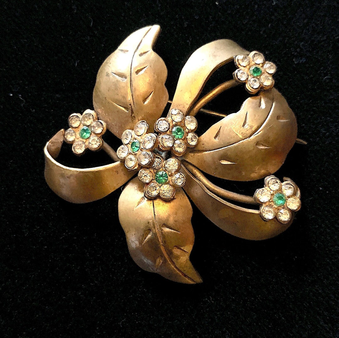 Broche Vintage En Laiton Avec Bouquet De Fleurs émaillé - Occasion, Décoration Ancienne