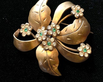 Vintage Handcraft Brass Brooch: Floral Rhinestone Bouquet, 1930s-40s – cod. A576b