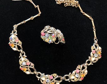 Vintage LISNER Rhinestone Parure: 1950s Leaf Necklace and Earrings Set