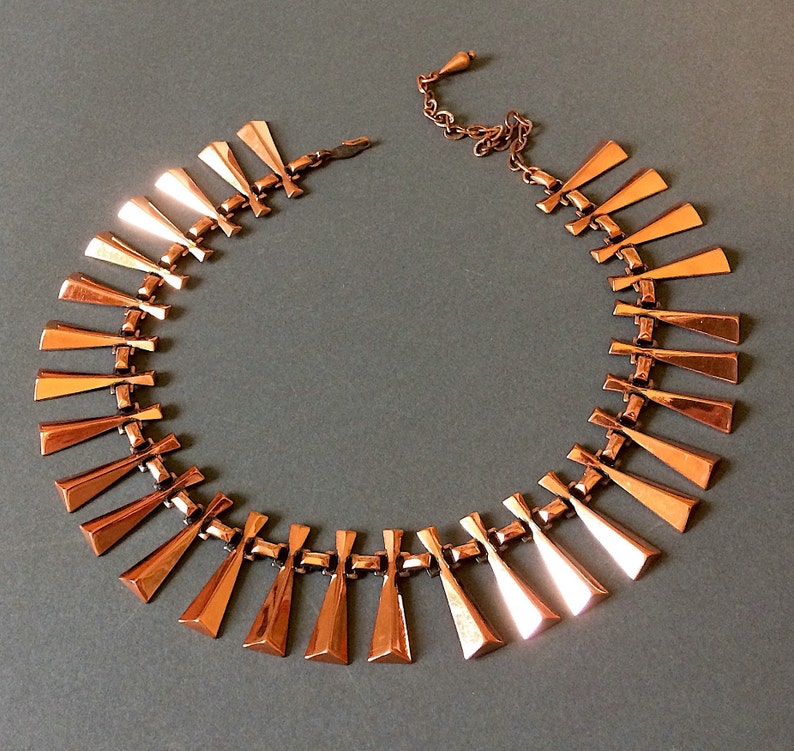 Vintage necklace signed by RENOIR A458 Original 1950s cod Copper geometric motif Renoir of California choker High End Costume Jewelry