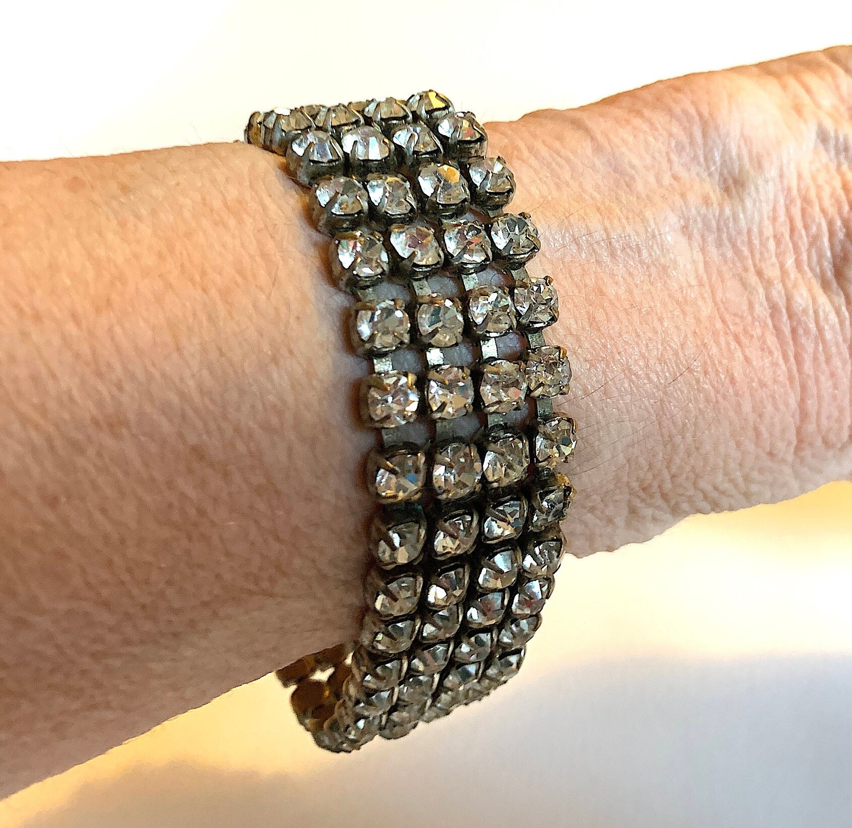 Bracelet Ancien Art Déco Tchécoslovaquie - Strass Et Pâte De Verre, Métal, Occasion Bon état