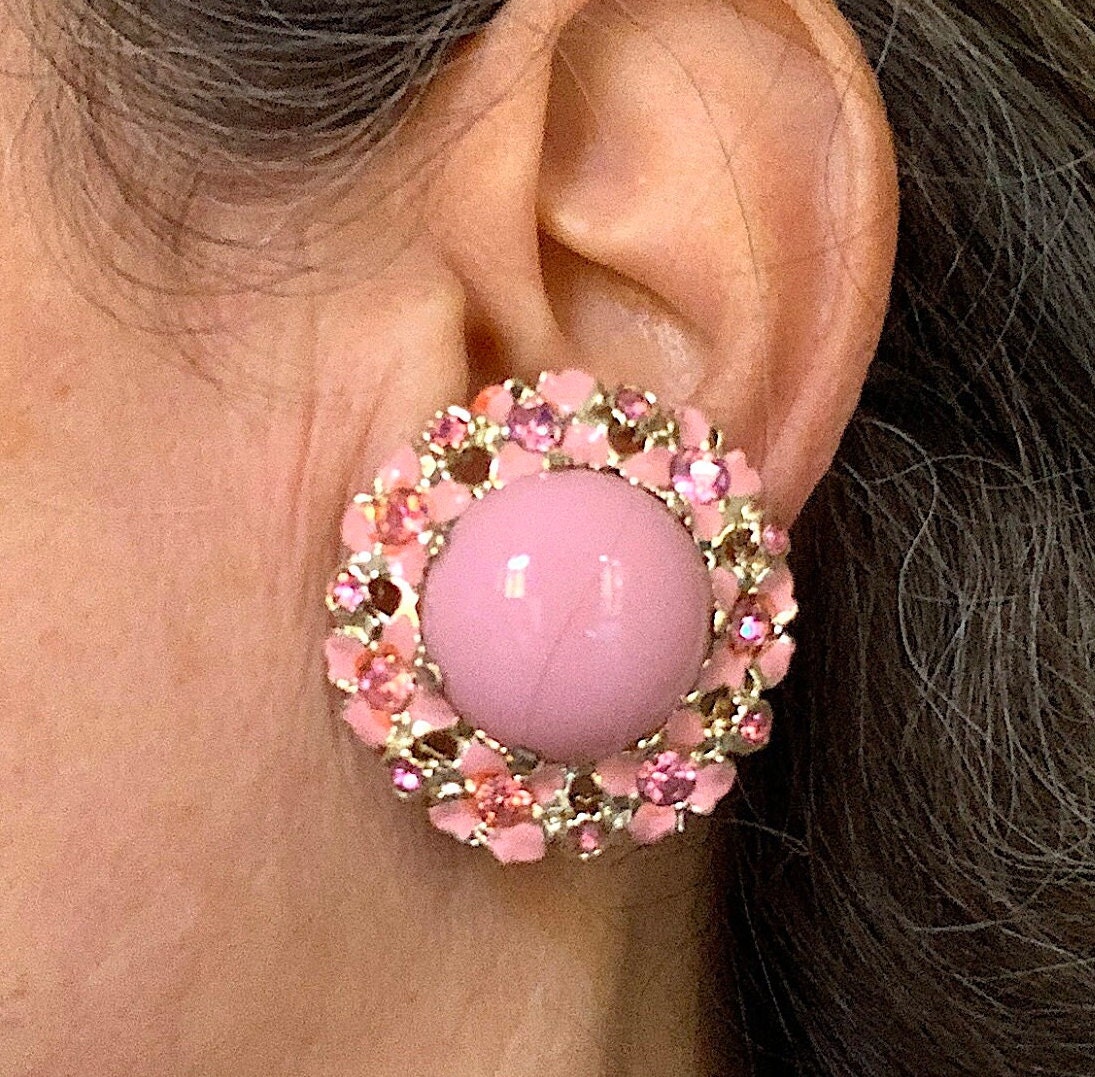 Boucles D'oreilles Clips Vintage Années 50 - Plastique Rose Pâle Forme Goutte - Authentique