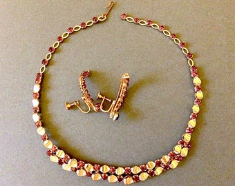 Vintage Amethyst Rhinestone Necklace and Earrings Set: 1950s Gold Tone Jewelry – cod. A457