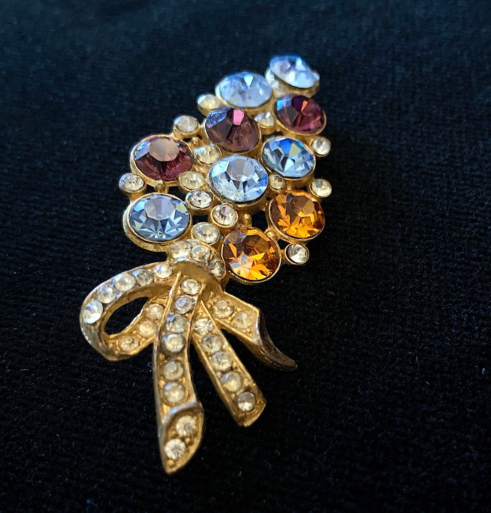 Ancienne Broche Bouquet Métal Doré Et Strass - Bijou Vintage Rétro