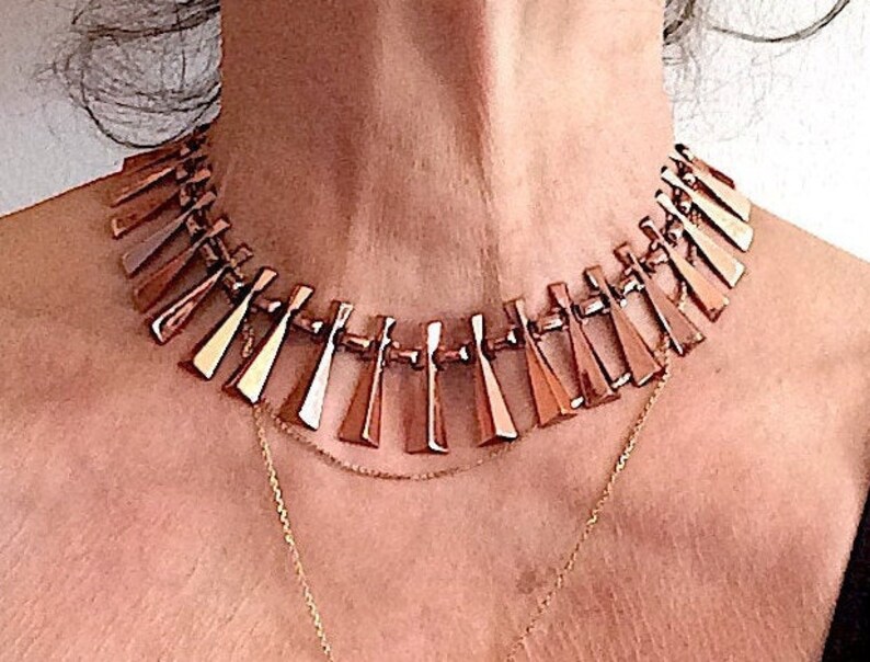 Vintage necklace signed by RENOIR A458 Original 1950s cod Copper geometric motif Renoir of California choker High End Costume Jewelry