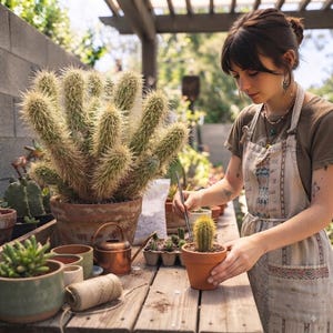 May include: A large, multi-stemmed green cactus in a weathered terracotta pot sits on a wooden table alongside a smaller cactus in a terracotta pot, a copper watering can, a roll of twine, and various other potted succulents and cacti.