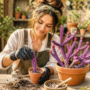 May include: A vibrant purple cactus with small pink buds planted in a terracotta pot, alongside a smaller terracotta pot containing a single purple cactus cutting, both set on a wooden surface with loose potting soil and a small wooden scoop.