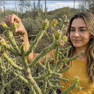 May include: A green cholla cactus with segmented branches and long, sharp yellow spines. The cactus features multiple small, rounded, light green fruit-like growths at the tips of its stems, set against a desert landscape with other cacti.