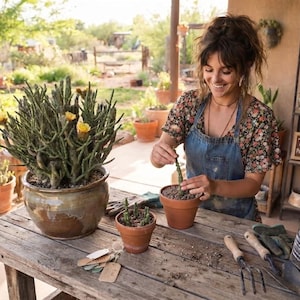May include: A large, dark green, multi-stemmed cactus with yellow flowers in a glazed ceramic pot, alongside two smaller terracotta pots containing cactus cuttings, gardening tools, and a bag of potting mix on a weathered wooden table.