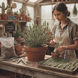 May include: A greenhouse workspace featuring a variety of potted cacti, including a large central specimen in a terracotta pot, a tray of small cactus cuttings, a bag of potting soil, and wooden shelves holding numerous plants and gardening supplies.