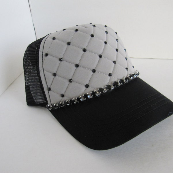 Bling Hat, Womens Hats, Hat, Gray Hat, Quilted Trucker Hat,  Bling Hat, Sparkle Hat, Rhinestone Cap, Baseball Cap,  Womens Hat,Crystal Hat