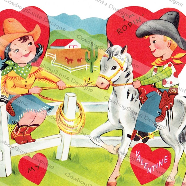 Vintage Cowgirl on Fence Roping Cowboy, Horse, fence, Barn | Valentine card | 5 Versions | Instant Digital Download