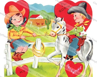Vintage Cowgirl on Fence Roping Cowboy, Horse, fence, Barn | Valentine card | 5 Versions | Instant Digital Download