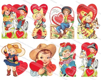 Vintage Retro Cowboy Kids Valentines set of 8 | INSTANT DOWNLOAD | Print your own | DIY Valentines | Digital Collage