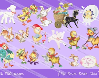 Vintage Easter lambs, chicks, bunnies, ducks, eggs | 16 images | INSTANT DOWNLOAD | Easter clip art | DIY Easter card | Digital Collage