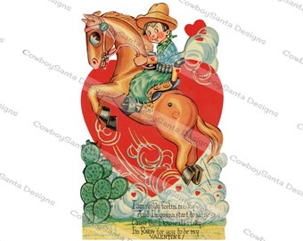 Vintage Cowboy on Rearing Horse Valentine | Big-eyed Horse, Cactus | Valentine card | Greeting Card | Instant Digital Download