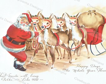 Vintage Retro Santa Leading Deer, Stable, Sleigh, Barn | Three Images | Christmas card | Greeting Card | Digital Download