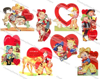 Set #3 Vintage Cowboy Valentines set of 8  | INSTANT DOWNLOAD | DIY Valentines | Print your own | digital collage Sheet
