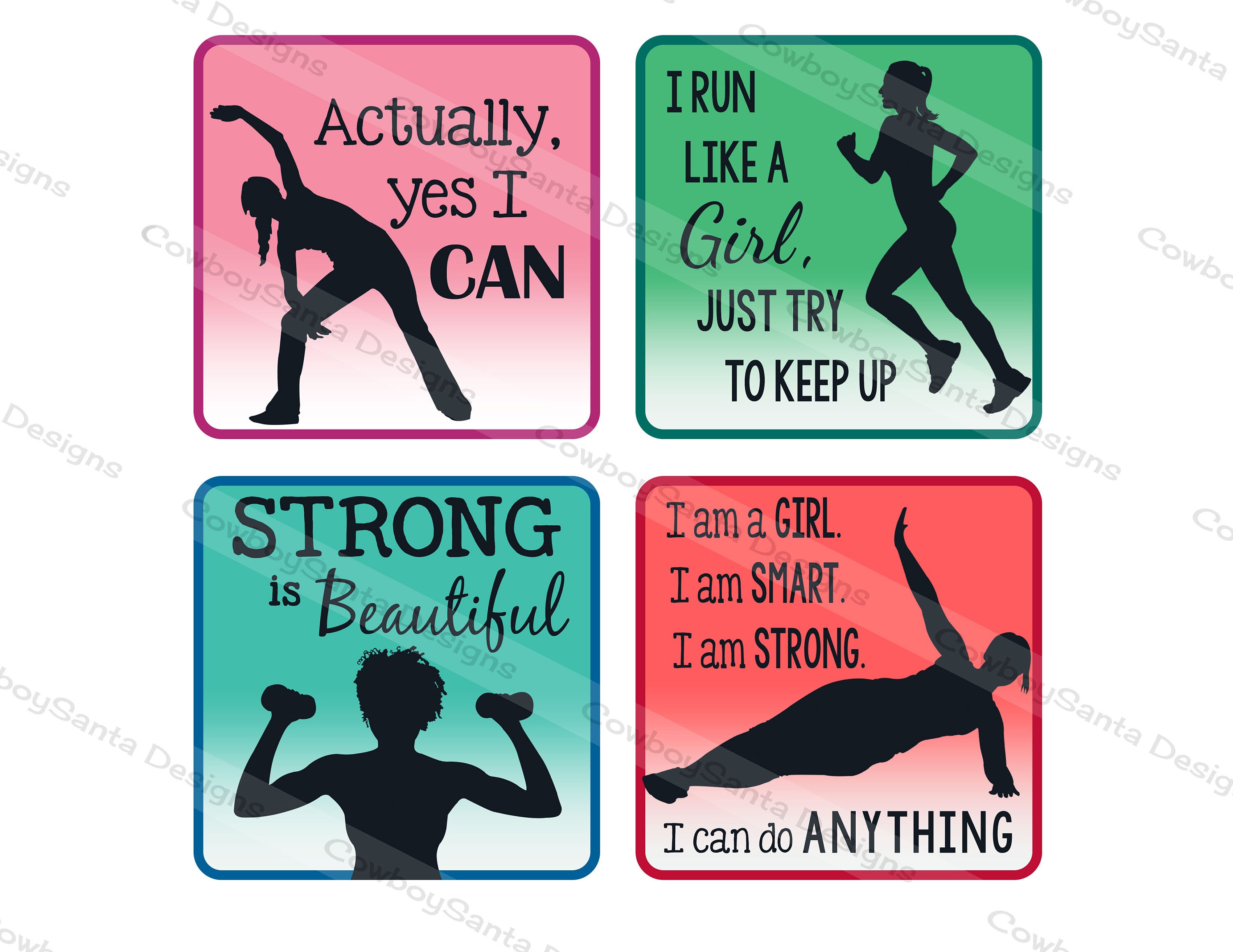 Women, Girls Affirmation Workout, Fitness Silhouette Clip Art Exercise  Digital Collage Instant Download 