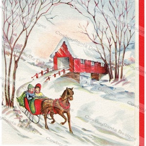 Vintage Retro One Horse Open Slee | Overdekte brug | Kerstkaart | 2 Afbeeldingen | Digitaal downloaden