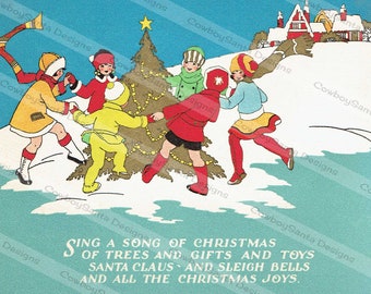 Vintage Art Deco Children Dancing Around Tree| Christmas card | Greeting card | Digital Image download