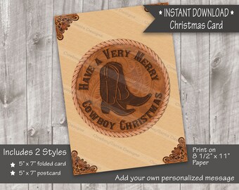 Cowboy Boot, Merry Cowboy Christmas Card|Printable Christmas Card|Editable|Greeting card|Digital Download