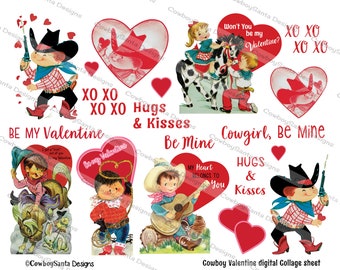 Vintage Retro Cowboy Kids Valentine Collage Sheet | INSTANT DOWNLOAD | Print your own | DIY Valentines | Digital Collage