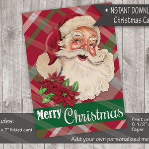 Merry Christmas Santa Christmas CardPoinsettia Christmas Card|Christmas Plaid|Printable Card|DYI Card|Print Your Own card|INSTANT DOWNLOAD
