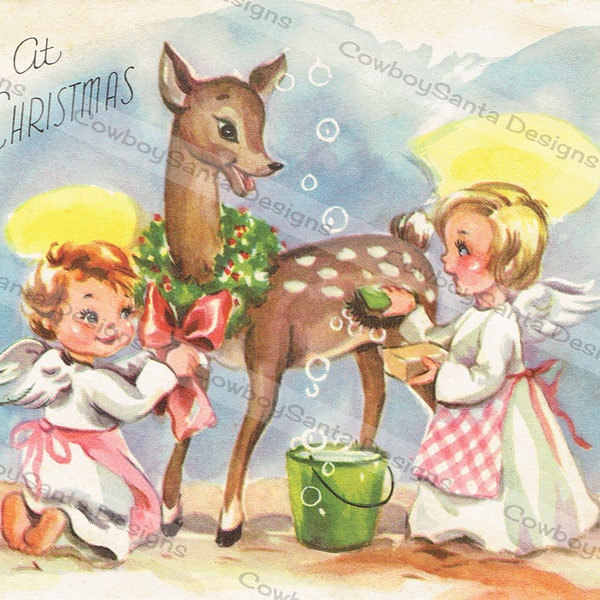 Vintage Retro Angels Washing Herten, Angels Riding Herten, Krans | 2 Afbeeldingen | Kerstkaart | Wenskaart | Digitaal downloaden