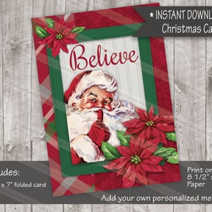 Believe Santa Christmas CardPoinsettia Christmas Card|Christmas Plaid|Printable Card|DYI Card|Print Your Own card|INSTANT DOWNLOAD