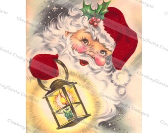 Vintage Retro Santa Holding Lantern, Light | Christmas card | Greeting Card | Instant Digital Download