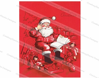 May include: A vintage Christmas card featuring a red-suited Santa Claus sitting in a chair, reading a book. He is surrounded by wrapped presents, a toy house, a teddy bear, and a doll. The card has a red background with the text "Merry Christmas" written in cursive.