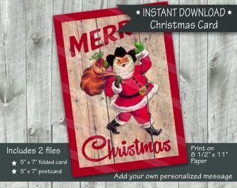Cowboy Santa Merry Christmas Card, Printable Christmas Card, Editable, Greeting card, Instant Digital Download