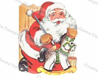 Vintage Retro Santa Malerei Schaukeln Pferd | Santa-Workshop | Weihnachtskarte | Grußkarte | Digitaler Download