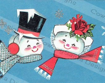 Vintage Mid Century Retro Snowman Couple | Christmas Card #108 | Digital Download