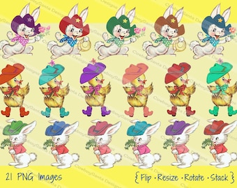 Easter Cowboy Bunnies and Chicks | 21 images, multiple colors  | INSTANT DOWNLOAD | Easter clip art | Digital Collage