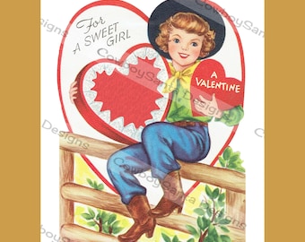 Retro Valentine Cowgirl on Fence holding Hearts, Dog | Two Images | Valentine card | Greeting Card | Instant Digital Download