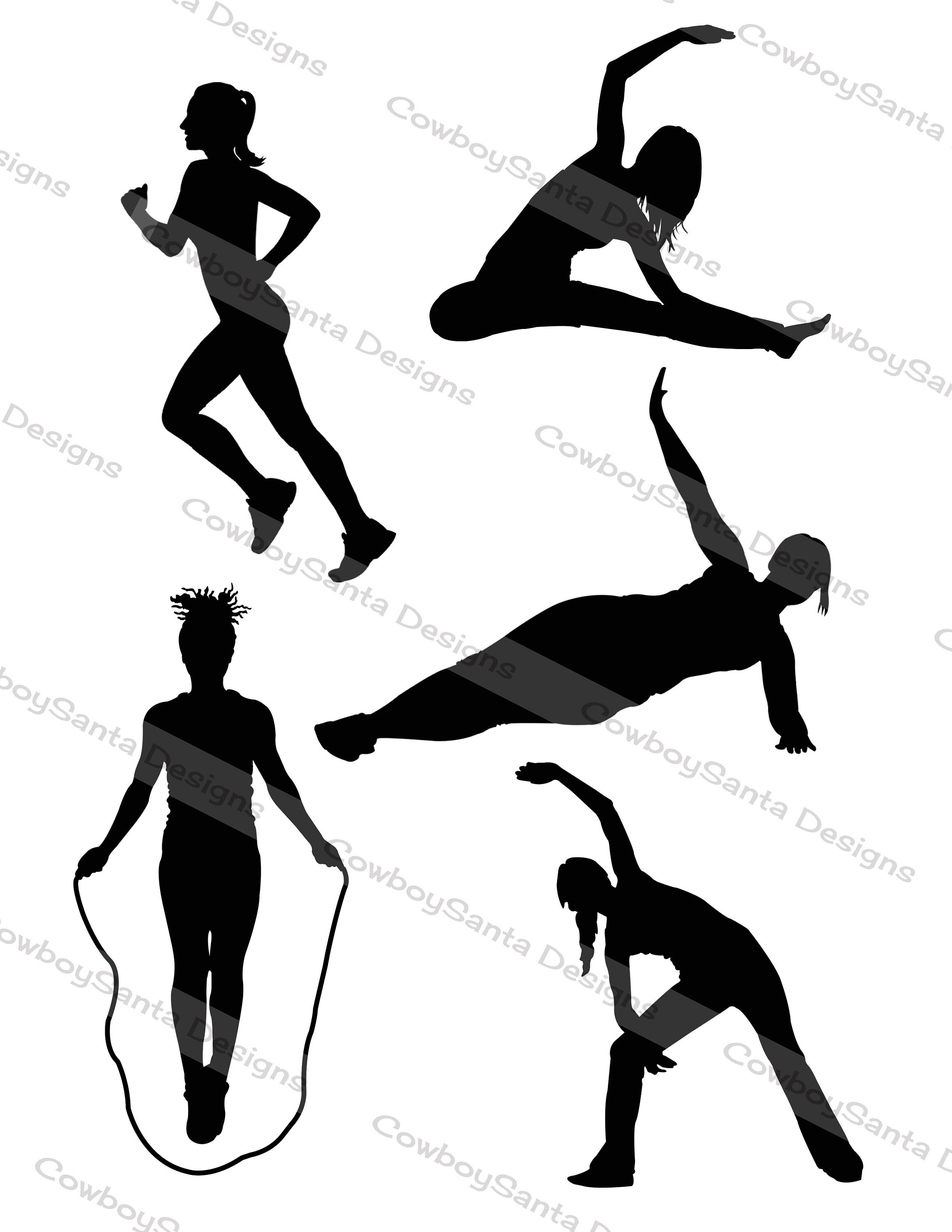 Women, Girls Workout, Fitness Silhouette Clip Art Elements Yoga Weights Jump  Rope Exercise Digital Collage Instant Download 