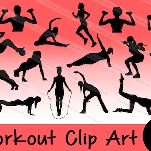 Pode incluir: Silhuetas de pessoas fazendo exercícios, incluindo pular corda, levantar pesos, fazer flexões e usar uma bola de exercício.  Workout Clip Art PNG JPEG PDF
