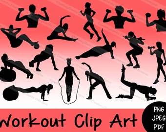 Women, Girls Workout, Fitness Silhouette Clip Art Elements | yoga | weights | jump rope | exercise | Digital collage | Instant Download