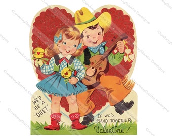 Vintage Valentine Cowboy and Cowgirl singing duet | Guitar, Maracas | Valentine card | Western Valentine Card | Instant Digital Download