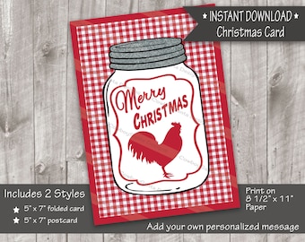 Red Gingham Rooster Christmas Card|Farm|Farm Animal|Chicken|Printable Christmas Card|Editable||Print Your Own card|Digital Download