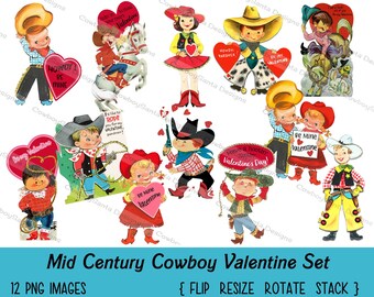 Mid Century Retro Cowboy Kids Valentines | INSTANT DOWNLOAD | Print your own | DIY Valentines | Digital Collage