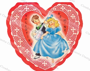 Vintage Valentine Sweet Couple, Boy, Guitar, Dancing Girl, Lace Trim, 1940s|Two Images|Valentine card|Greeting Card|Instant Digital Download