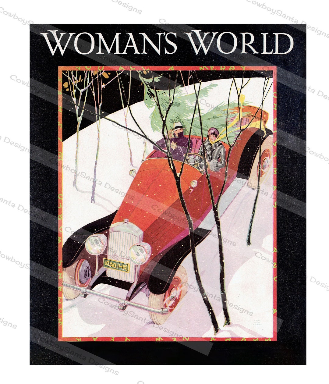 Vintage Art Deco Couple in Roadster, Tree, Flapper, | Christmas Card ...
