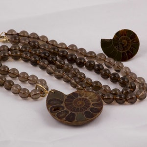 Smoky Quartz and Ammonite Fossil Necklace with Matching Ring